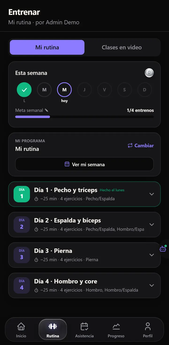 Prime Gym: pantalla de rutina semanal