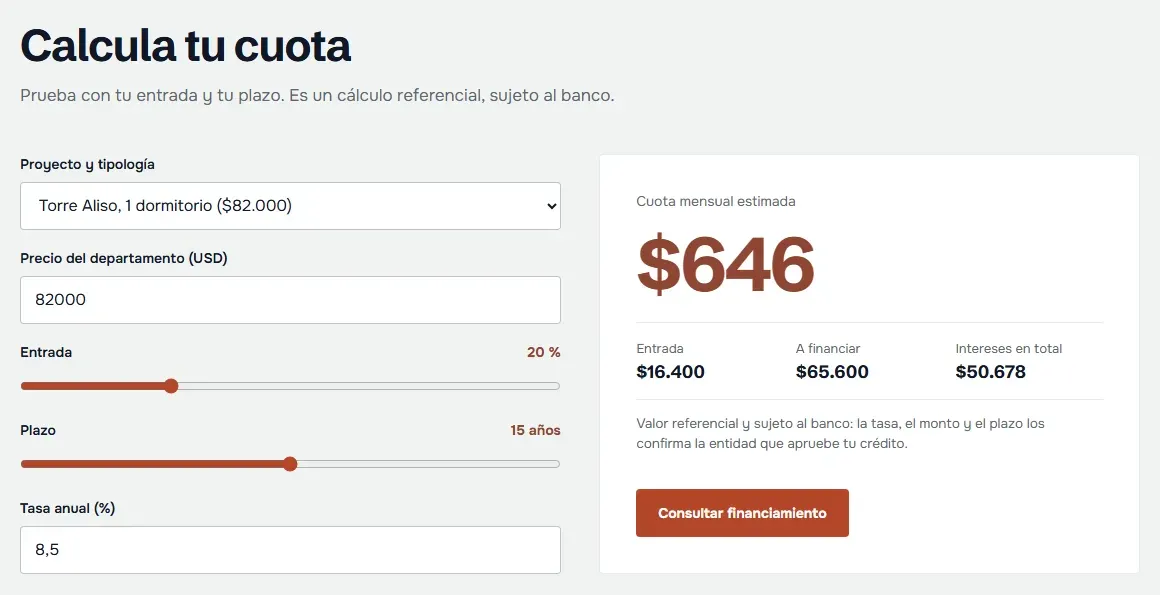 Calculadora de cuota del proyecto de muestra: proyecto y tipología, entrada, plazo, tasa anual y cuota mensual estimada, con la nota de que el valor es referencial y sujeto al banco
