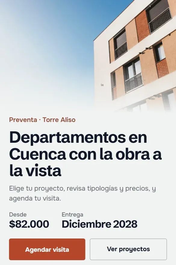 Portada de la web de un proyecto de muestra en celular: foto del edificio, precio desde, fecha de entrega y botón Agendar visita