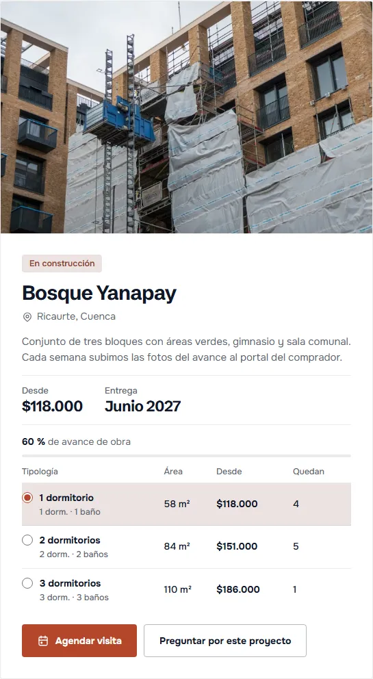 Ficha del proyecto de muestra Bosque Yanapay: ubicación, precio desde, entrega, 60 % de avance de obra y tres tipologías con área, precio y unidades disponibles